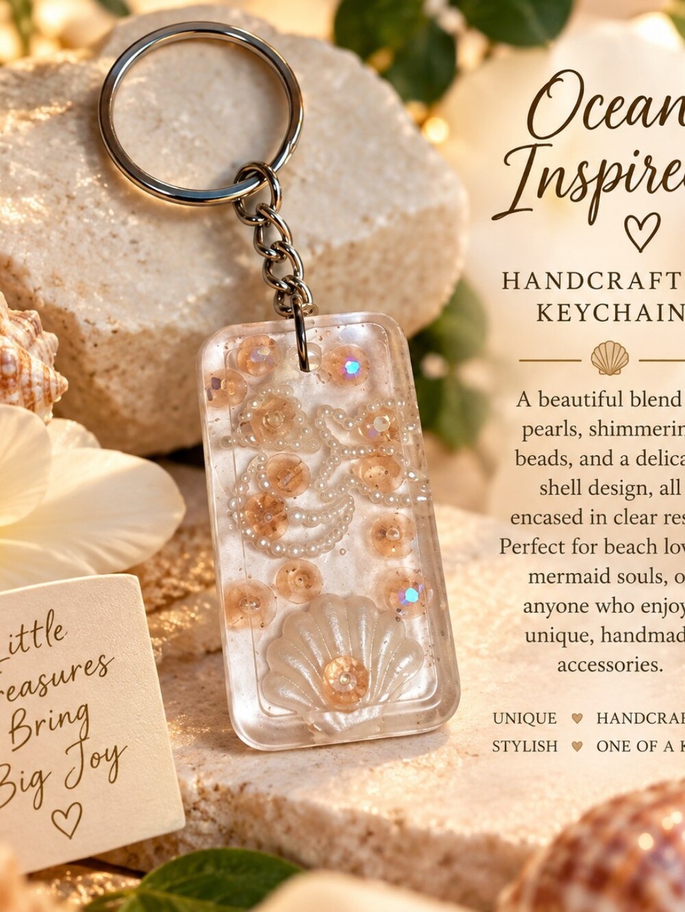 Handcrafted Clear Resin Keychain with Cream Pearl & Shell Accents